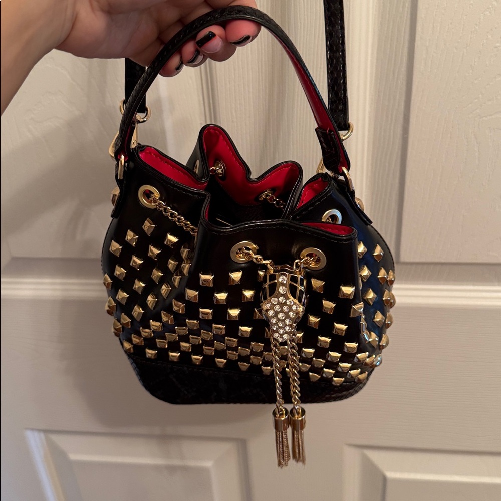 Aldo Black and Gold Snake Studded Bucket Bag with Crossbody Strap - Picture 12 of 12